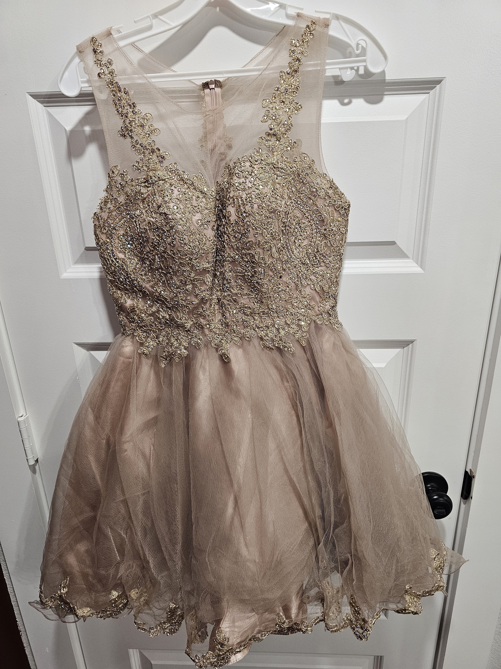 Unk Champagne Gold Tulle Prom Dress with Embellished Bodice